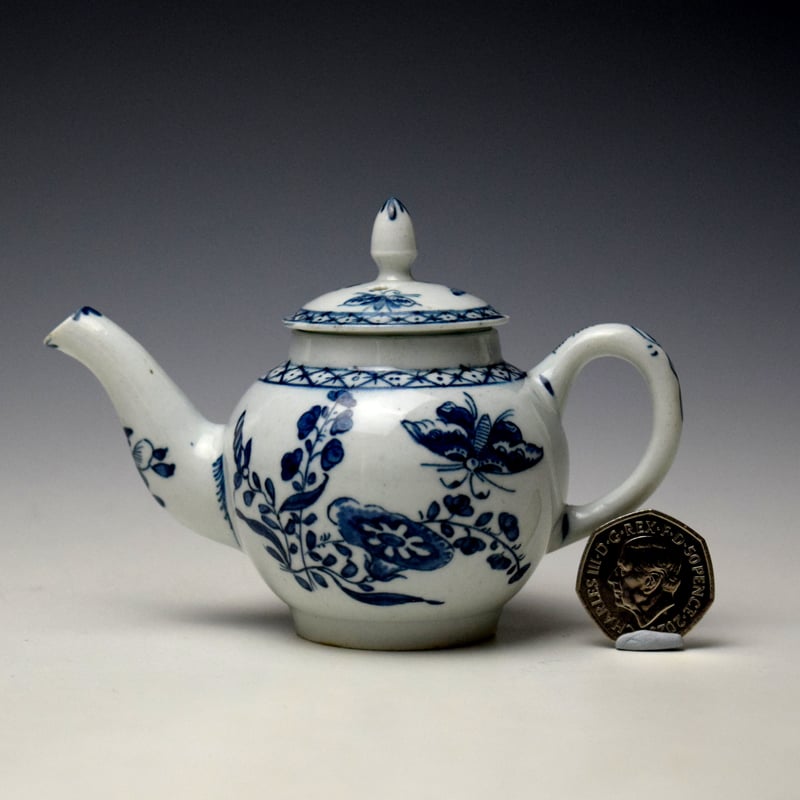 Very Rare Flower and Moth Pattern Toy Teapot and Cover c1765-68