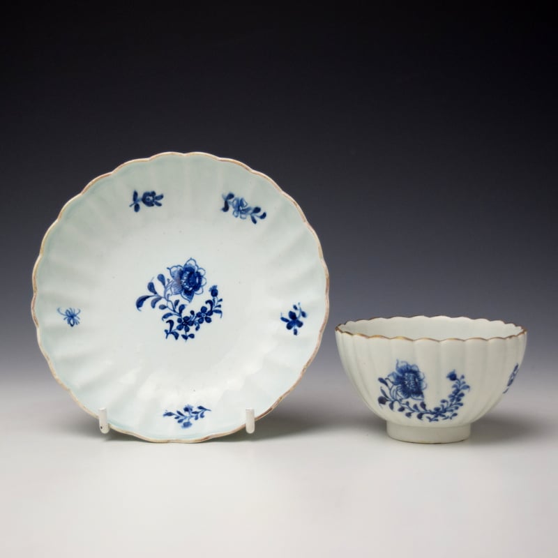 Rare Fluted Floral Sprays Pattern Teabowl and Saucer c1785-90