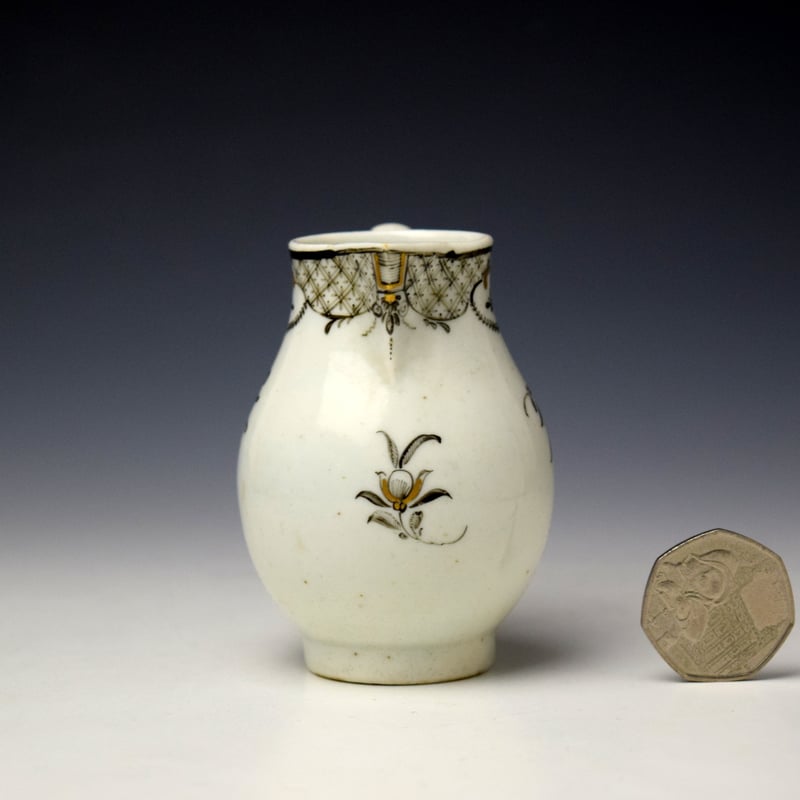 Lowestoft Gilt and Black Floral Sprigs Pattern Sparrow Beak Jug c1775-80 (2)