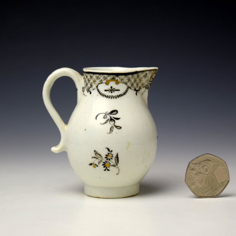 Lowestoft Gilt and Black Floral Sprigs Pattern Sparrow Beak Jug c1775-80 (3)