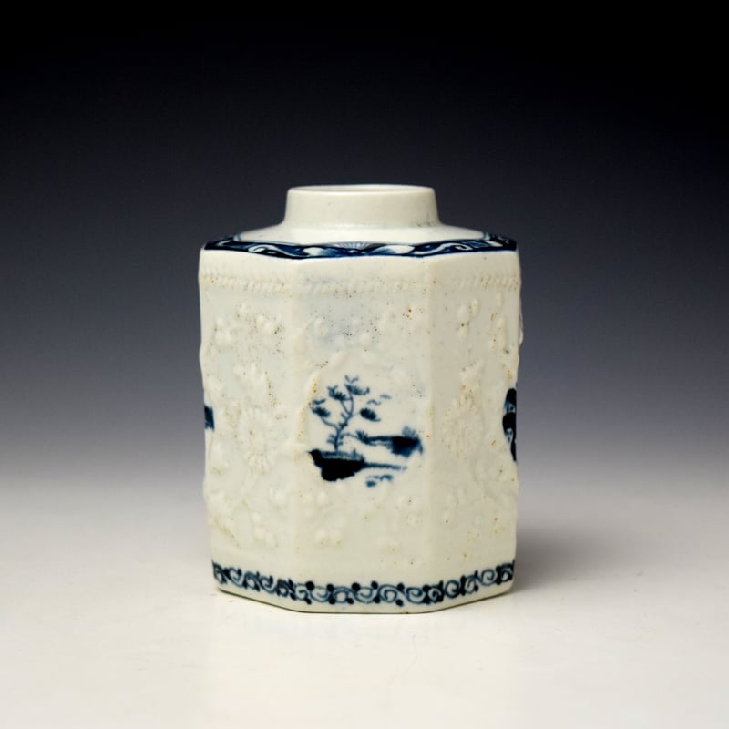 Lowestoft Hughes Moulded Landscape Pattern Octagonal Tea Canister c1762-66 (2)