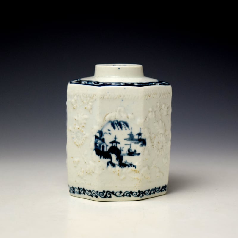 Lowestoft Hughes Moulded Landscape Pattern Octagonal Tea Canister c1762-66 (3)