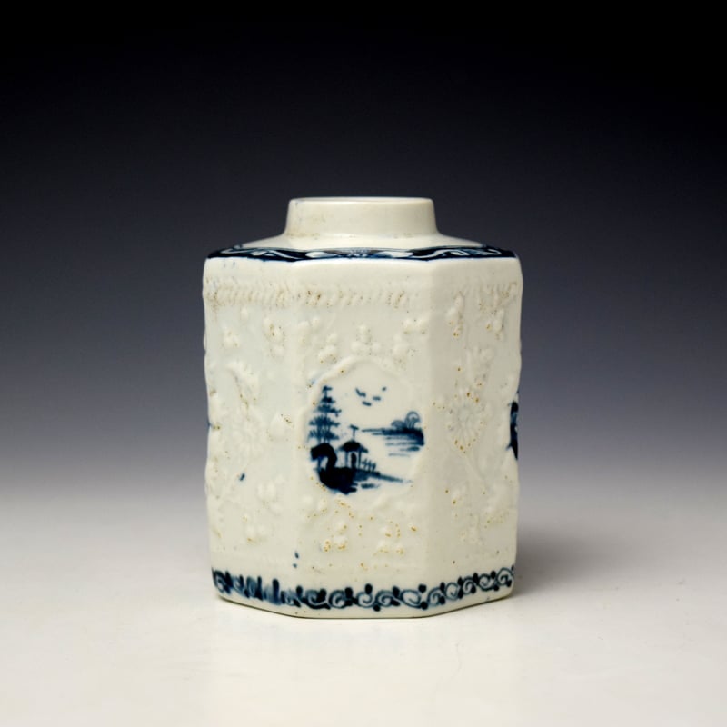 Lowestoft Hughes Moulded Landscape Pattern Octagonal Tea Canister c1762-66 (4)