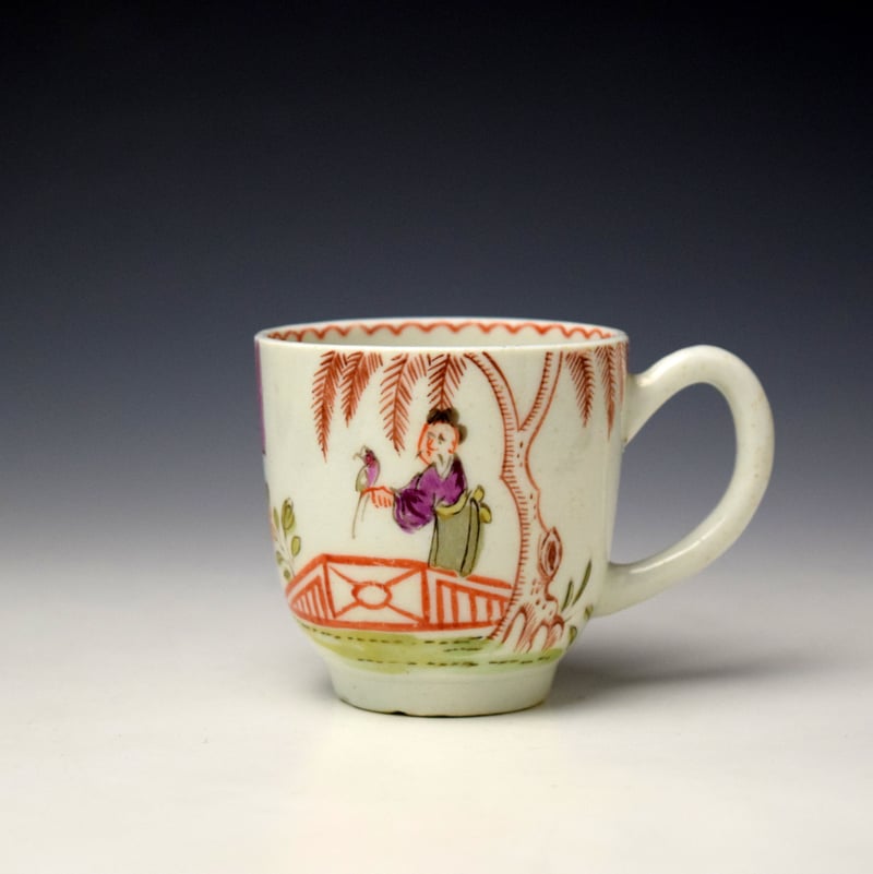 Very Rare Lady With Bird Man and Sampan Pattern Coffee Cup c1780-85