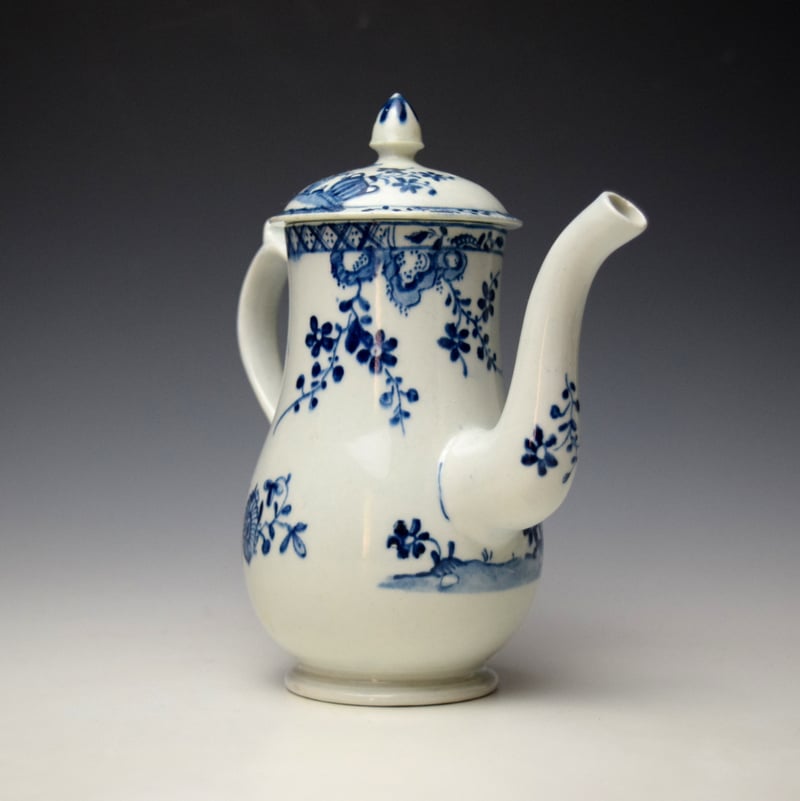 Lowestoft Lady With Parasol and Urn of Flowers Pattern Small Coffee Pot and Cover c1768-72 (4)