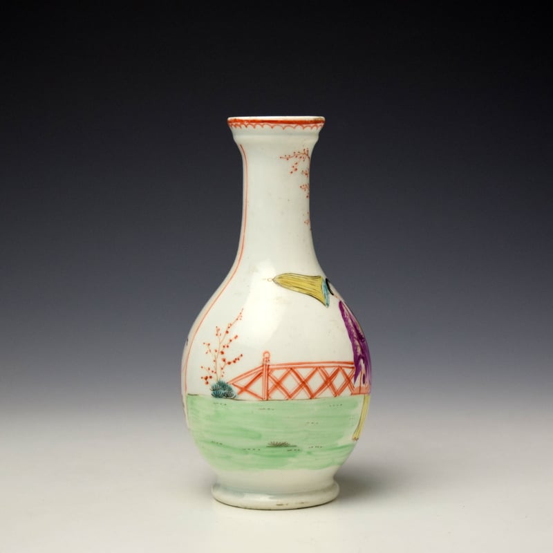 Lowestoft Mandarin Vase and Green Window Pattern Bottle Vase c1785 (3)