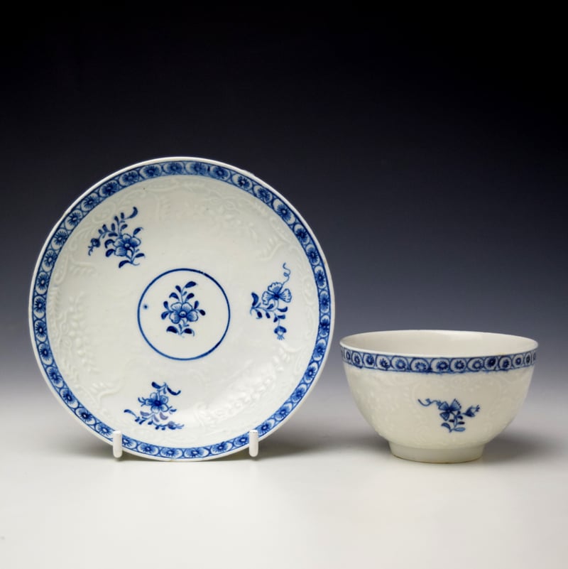 Scarce Moulded Border and Floral Sprays Pattern Teabowl and Saucer c1765-68