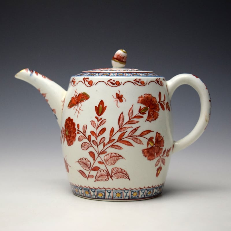 Very Rare Moulded Carnation Pattern Barrel Shape Teapot and Cover c1775-85 Robert Woodthorpe-Browne Collection.
