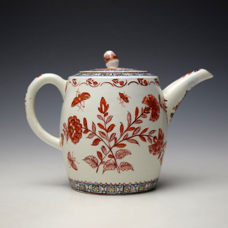 Lowestoft Moulded Carnation Pattern Barrel Shape Teapot and Cover c1775-80 (4)