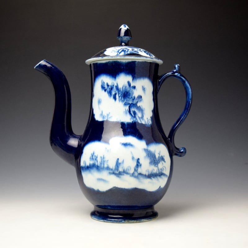 Very Rare Panelled Landscape and Floral Pattern Coffee Pot and Cover c1765-68