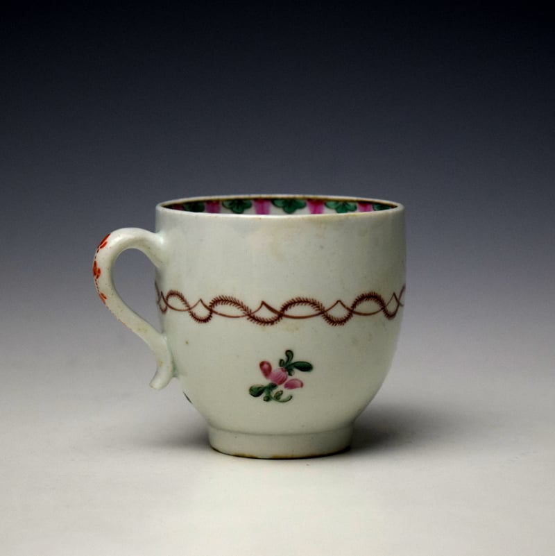 Lowestoft Pink Floral Spray Polychrome Coffee Cup C1780-85 (3)