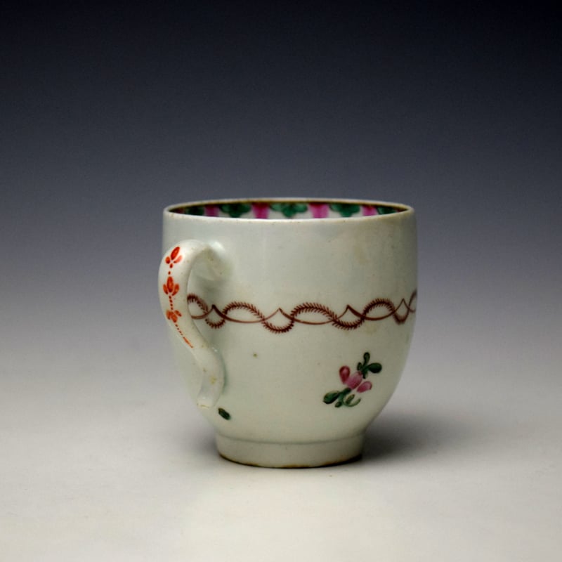 Lowestoft Pink Floral Spray Polychrome Coffee Cup C1780-85 (4)