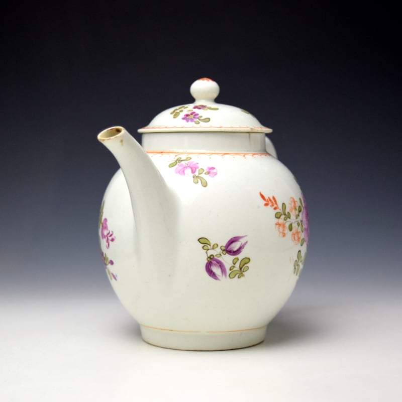 Lowestoft Pink Rose and Floral Sprays Pattern Teapot and Cover c1770-80 (2)