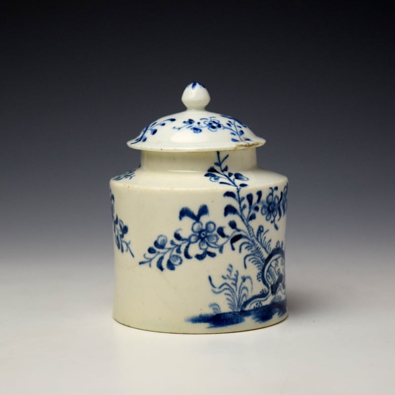 Lowestoft Prunus Root Pattern Mustard Pot and Cover c1765-70 (2)