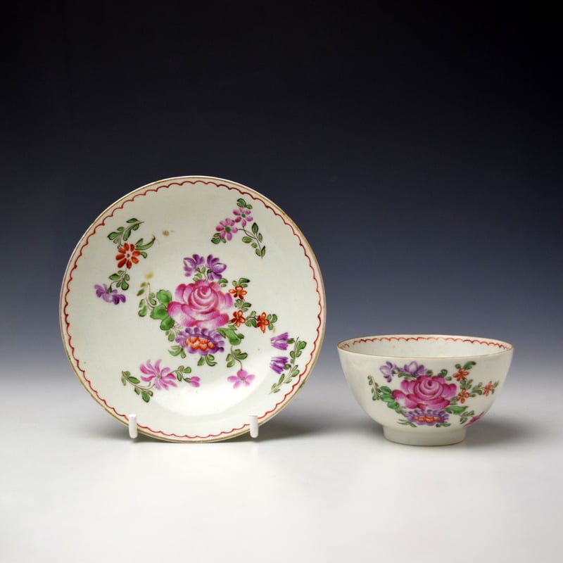 Uncommon Rose and Quad Floral Sprays Pattern Teabowl and Saucer c1775