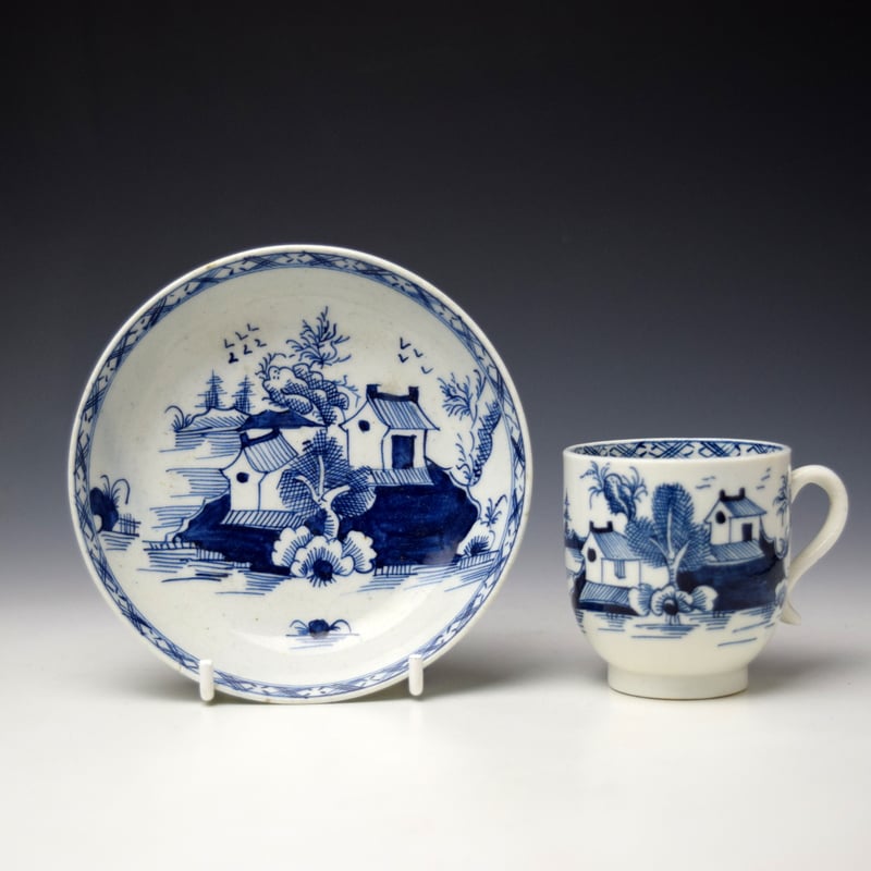 Uncommon Two House Landscape Pattern Coffee Cup and Saucer c1785-90