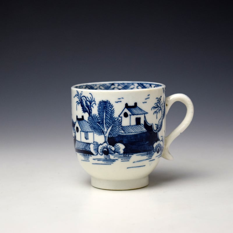 Lowestoft Two House Landscape Pattern Coffee Cup and Saucer c1785-90 (2)