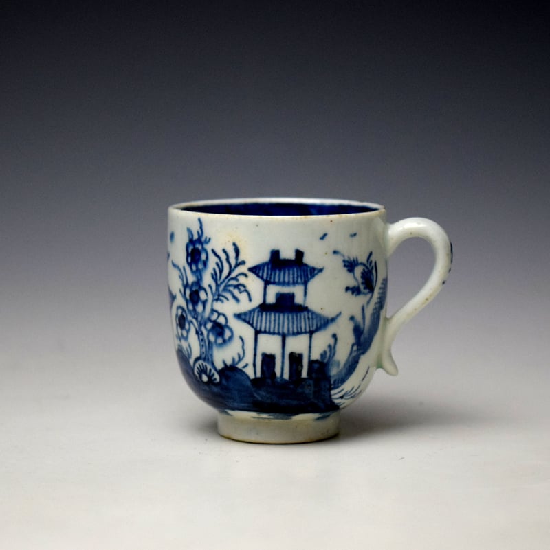 Lowestoft Two Pagoda and Cherry Tree Pattern Coffee Cup and Saucer c1790-95 (2)
