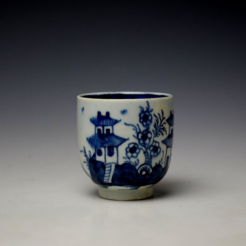 Lowestoft Two Pagoda and Cherry Tree Pattern Coffee Cup and Saucer c1790-95 (3)
