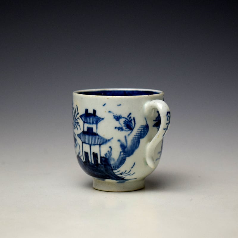 Lowestoft Two Pagoda and Cherry Tree Pattern Coffee Cup and Saucer c1790-95 (6)