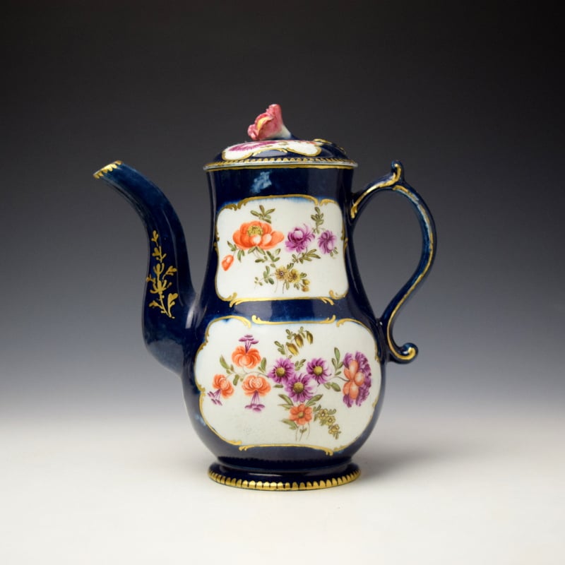 Very Rare Wet Blue Ground Floral Pattern Coffee Pot and Cover c1768-72