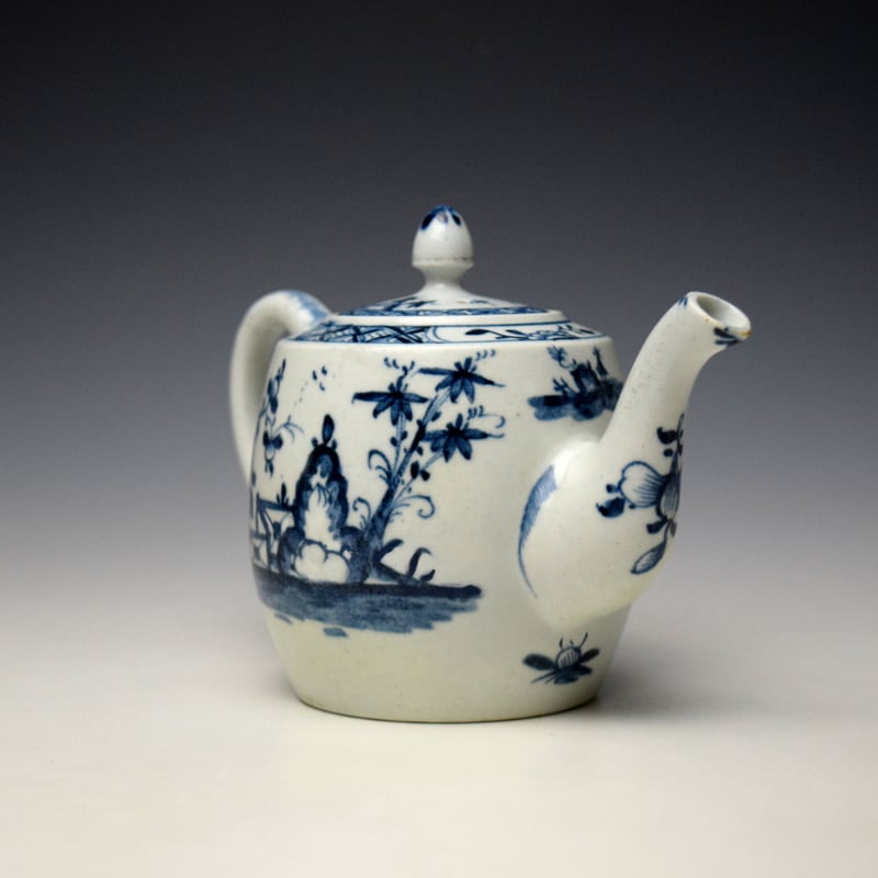 Lowestoft Zig Zag Fence Rock Peony and Willow Pattern Barrel Shaped Teapot and Cover c1762-65 (4)