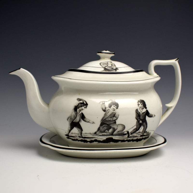 Newhall Black Printed Teapot, Cover and Stand c1820