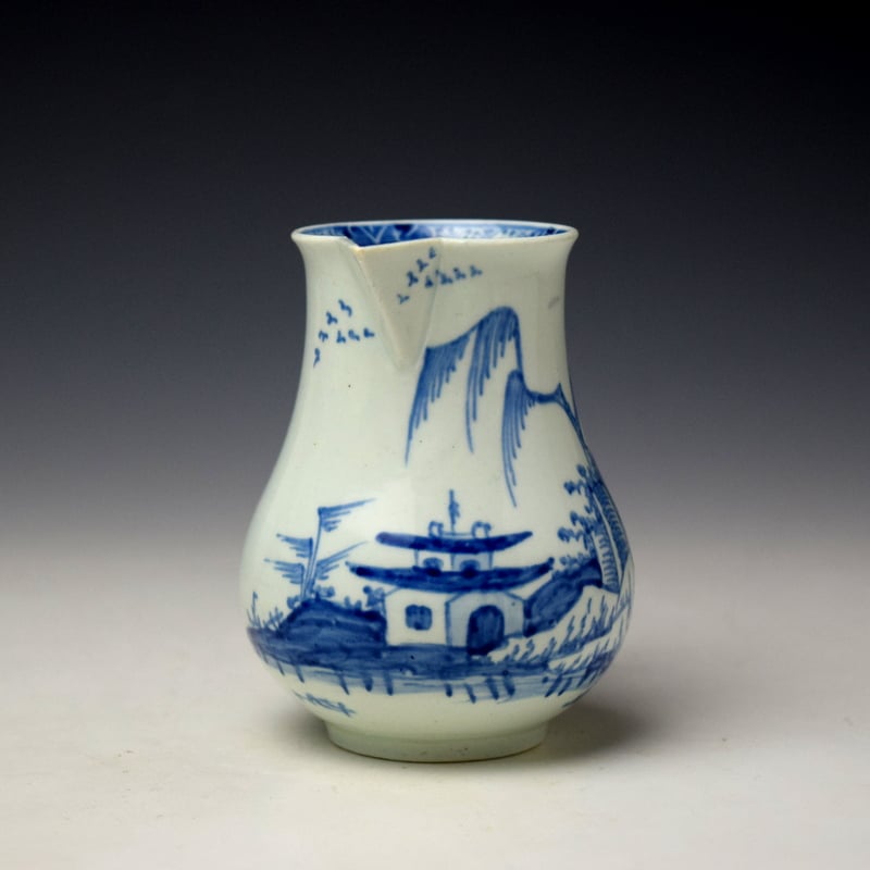 Vauxhall Pagoda Willow and Rock Pattern Sparrow Beak Jug c1756-60 (2)