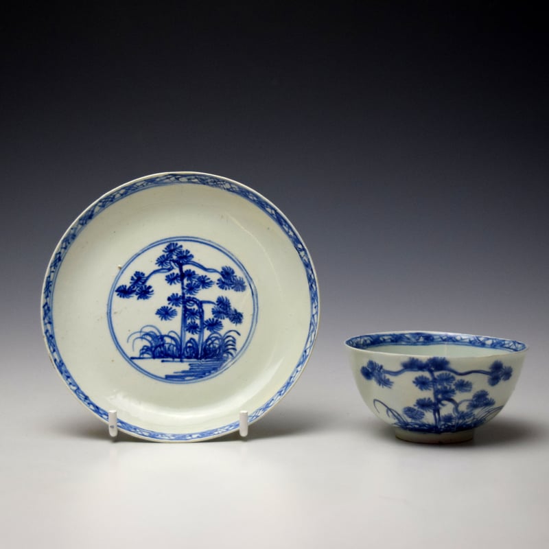 Rare Vauxhall Pine Trees Pattern Teabowl and Saucer c1755