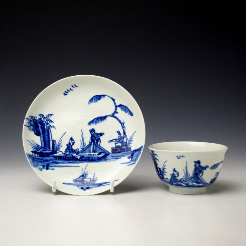 Vauxhall Two Chinamen and Triangular Fence Pattern Teabowl and Saucer c1757-62
