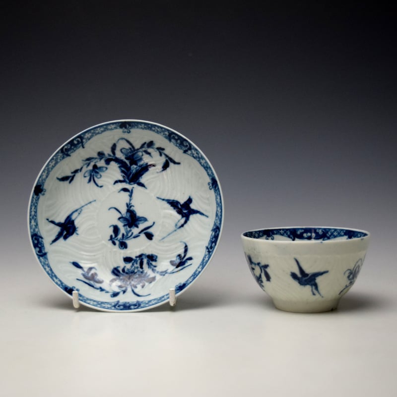 Rare Feather Mould Birds Pattern Teabowl and Saucer c1760-65