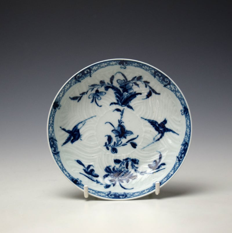 Woecester Feather Mould Birds Pattern Teabowl and Saucer c1760-65 (9)