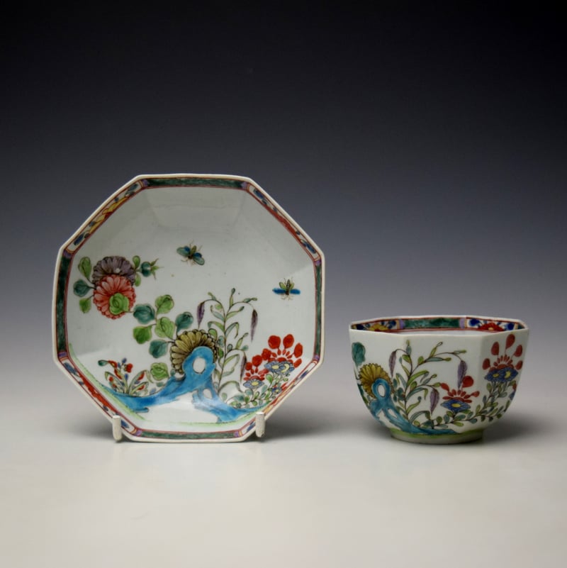 Very Rare Chinese Garden Pattern Octagonal Teabowl and Saucer c1753-54