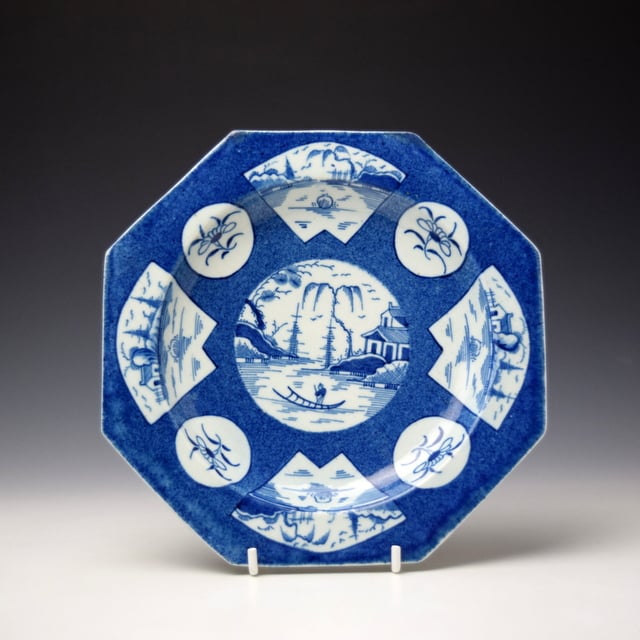 Rare Fan Panelled Landscape Pattern Small Octagonal Plate c1770-80