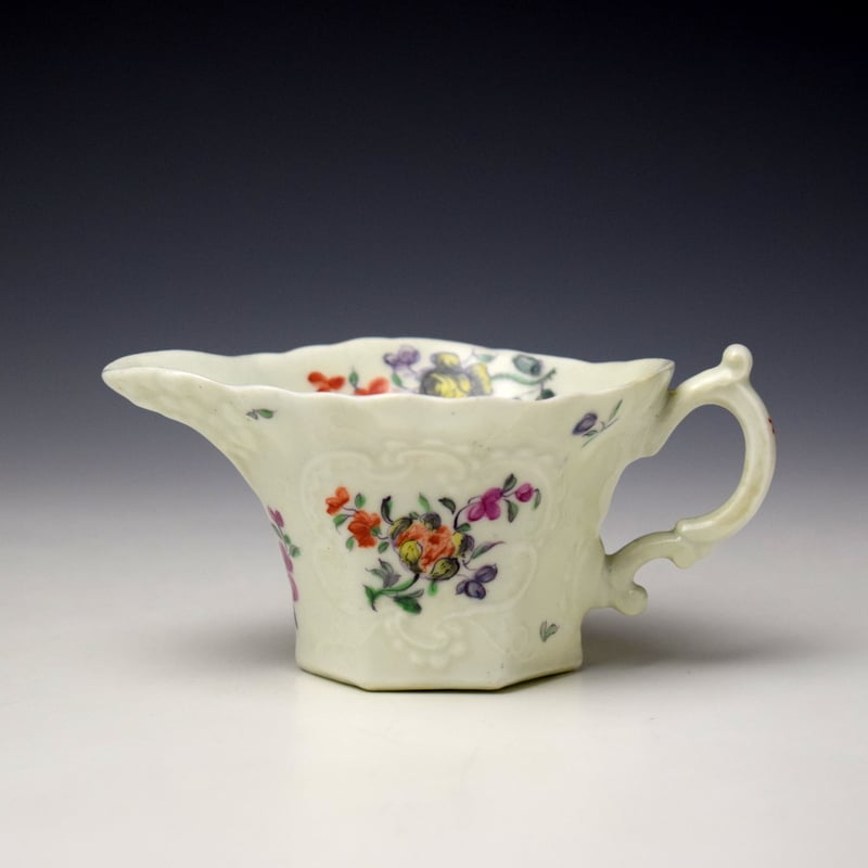Worcester Floral Pattern Hexagonal Creamboat c1758-62 (1)