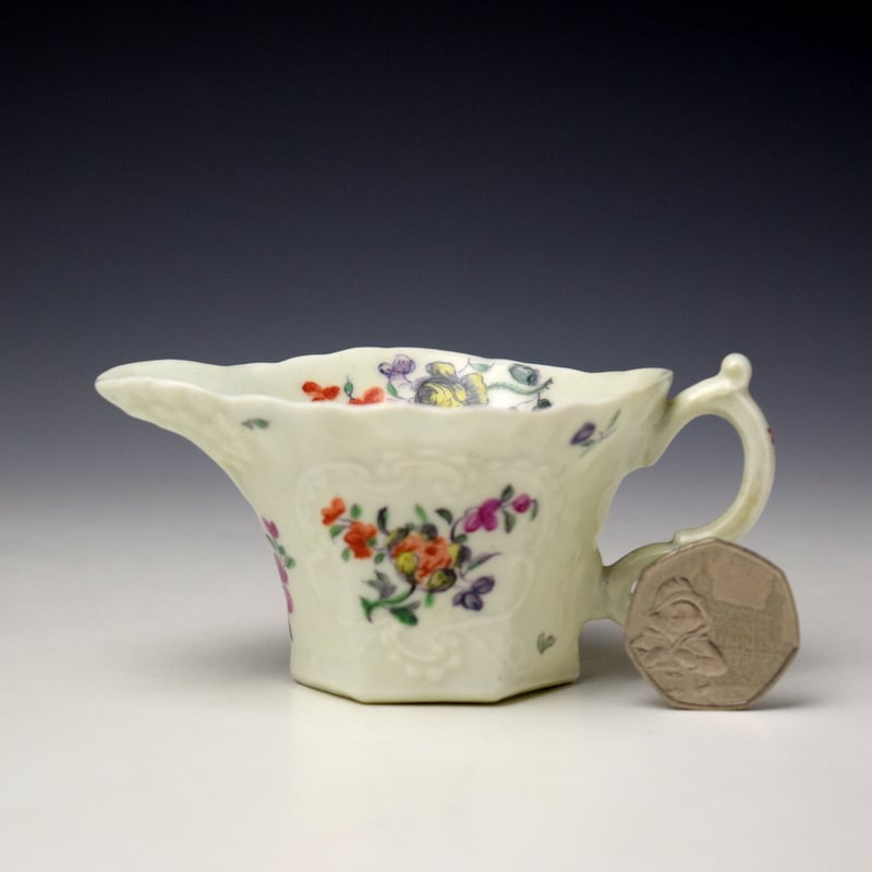 Worcester Floral Pattern Hexagonal Creamboat c1758-62