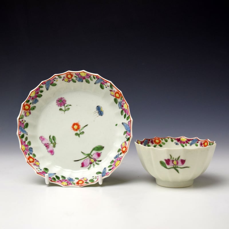 Floral Pattern Warmstry Fluted Teabowl and Saucer c1768 Ex Zorensky Collection