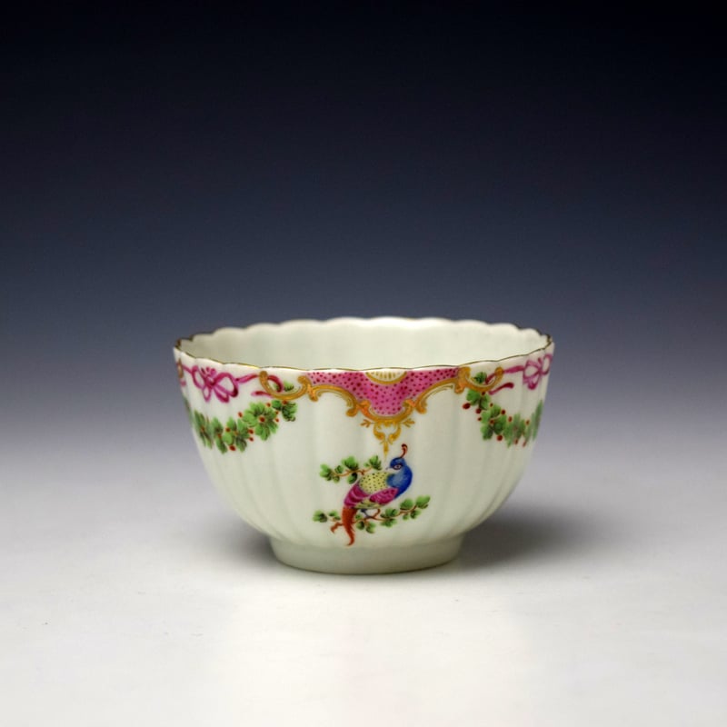 Worcester Fluted Crazy Bird and Garland Pattern Teabowl and Saucer C1765-70 (2)