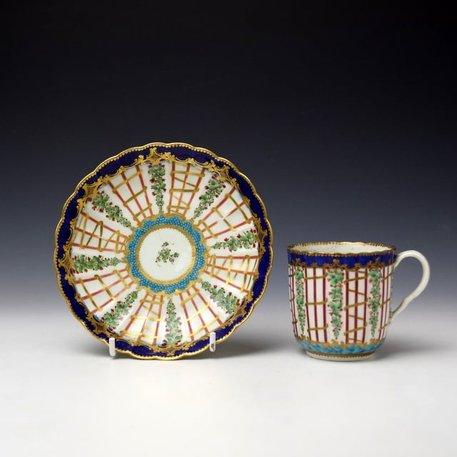 Rare Hop Trellis Pattern Coffee Cup and Saucer c1775-80