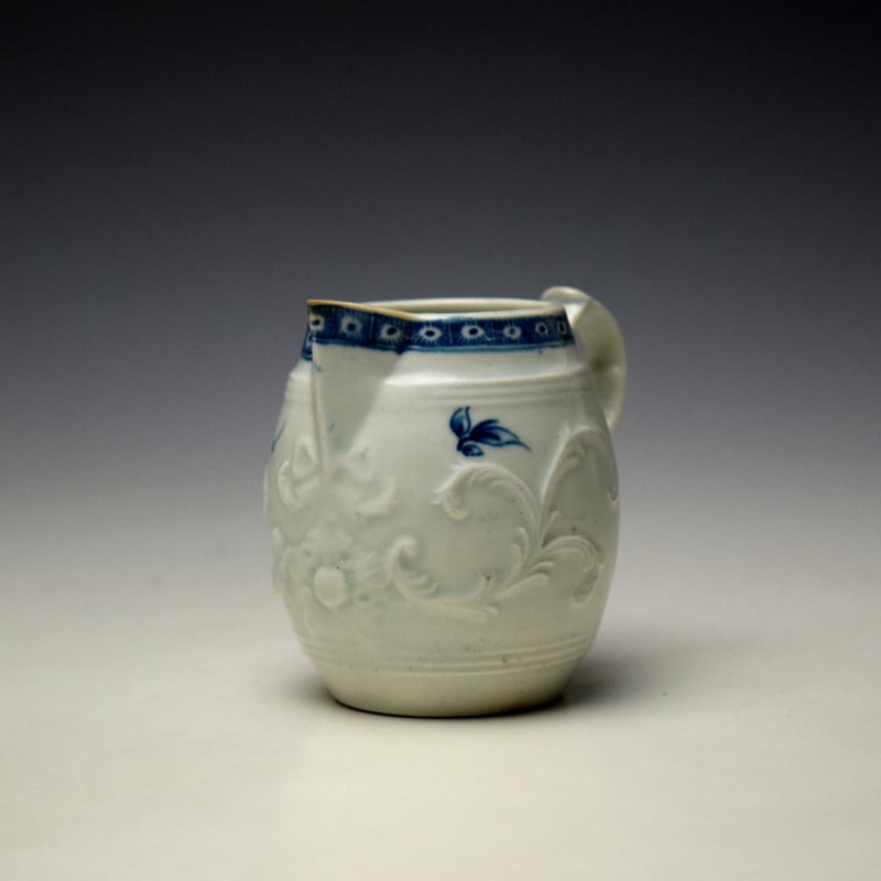 Worcester Moulded Feather Scroll Floral Pattern Barrel Shaped Jug c1770-75 (3)