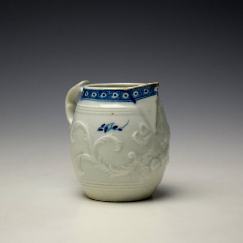 Worcester Moulded Feather Scroll Floral Pattern Barrel Shaped Jug c1770-75 (4)