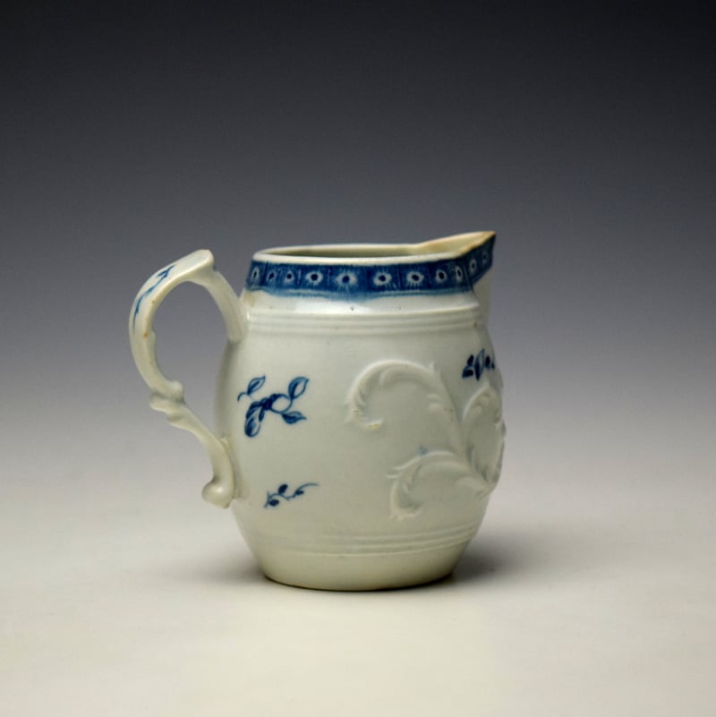 Worcester Moulded Feather Scroll Floral Pattern Barrel Shaped Jug c1770-75 (5)