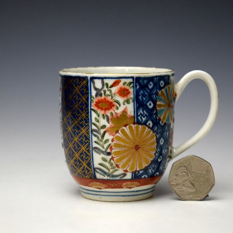 Worcester Old Mosaic Pattern Chocolate Cup and Saucer c1768-72 (3)