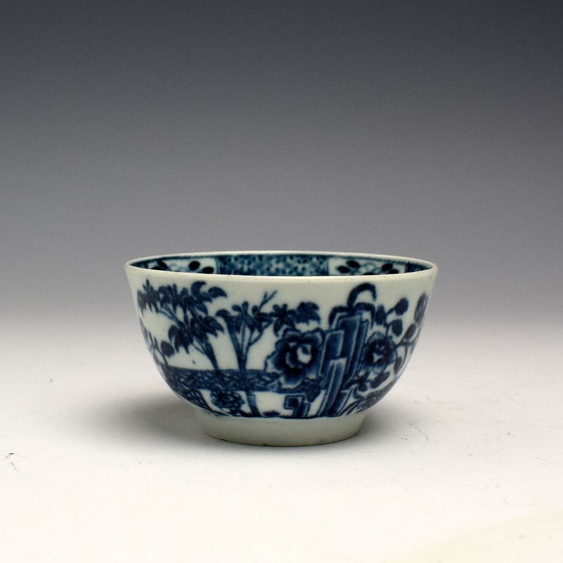 Worcester Plantation Print Pattern Tea Bowl and Saucer c1760 (4)