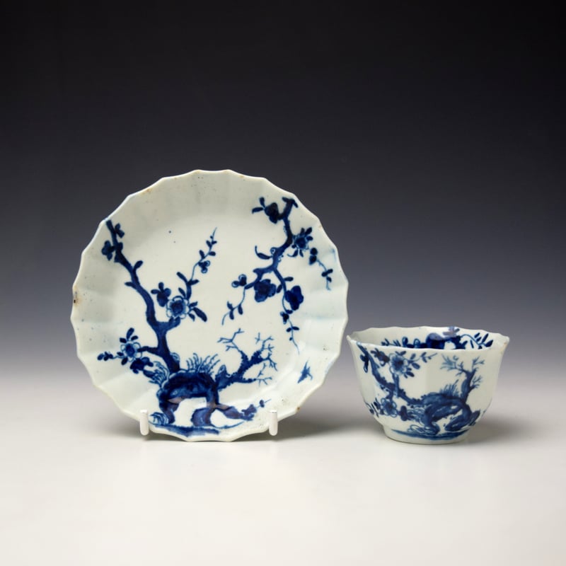 Prunus Root Pattern Fluted Teabowl and Saucer c1756-60