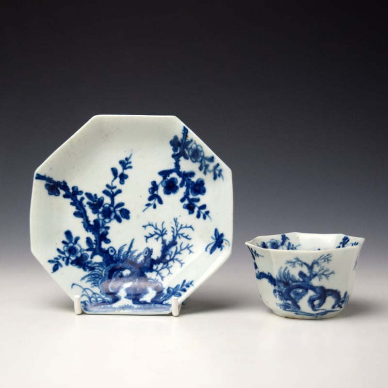 Rare Prunus Root Pattern Octagonal Teabowl and Saucer c1756-58