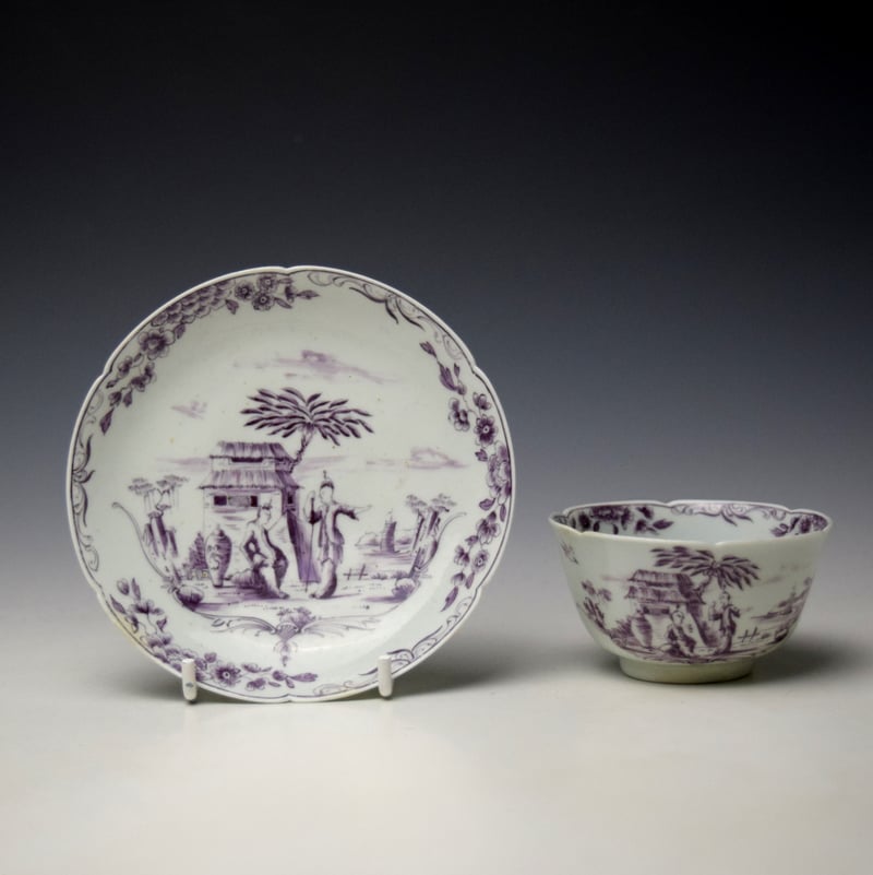 Uncommon Puce Man With Cane Pattern Notched Rim Teabowl and Saucer c1756-60