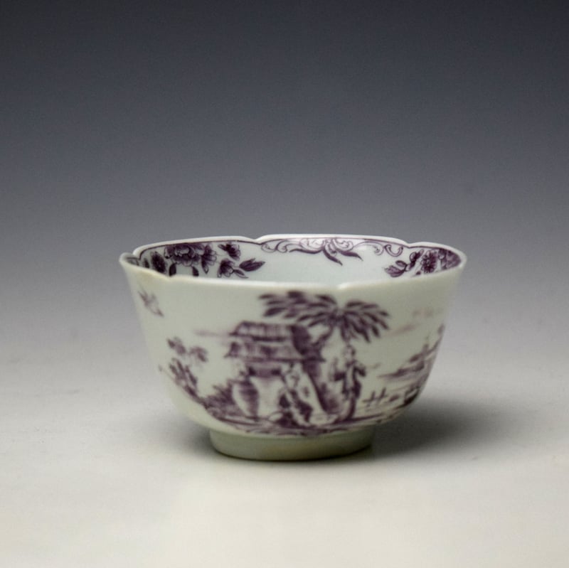 Worcester Puce Man With Cane Pattern Notched Rim Teabowl and Saucer c1756-60 (2)