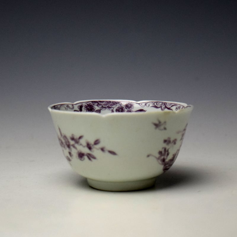 Worcester Puce Man With Cane Pattern Notched Rim Teabowl and Saucer c1756-60 (3)