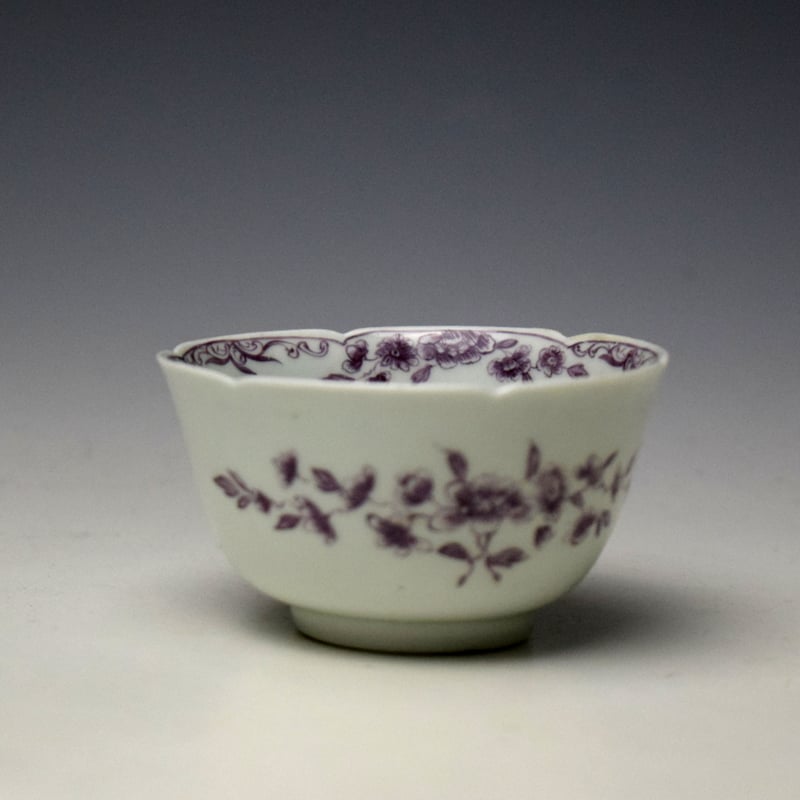 Worcester Puce Man With Cane Pattern Notched Rim Teabowl and Saucer c1756-60 (4)